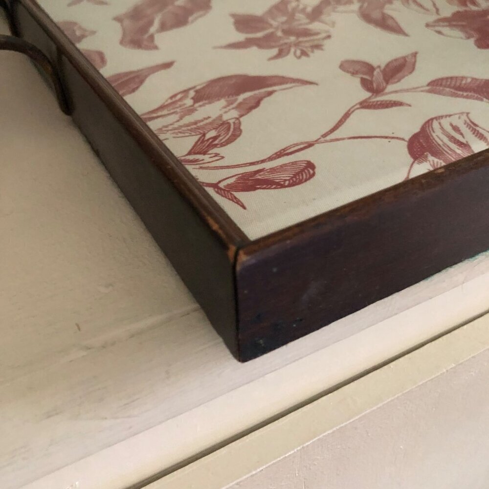 Wood Frame Antique Vintage Glass Serving Tray Red Flower Pattern Print - Picture 5 of 15